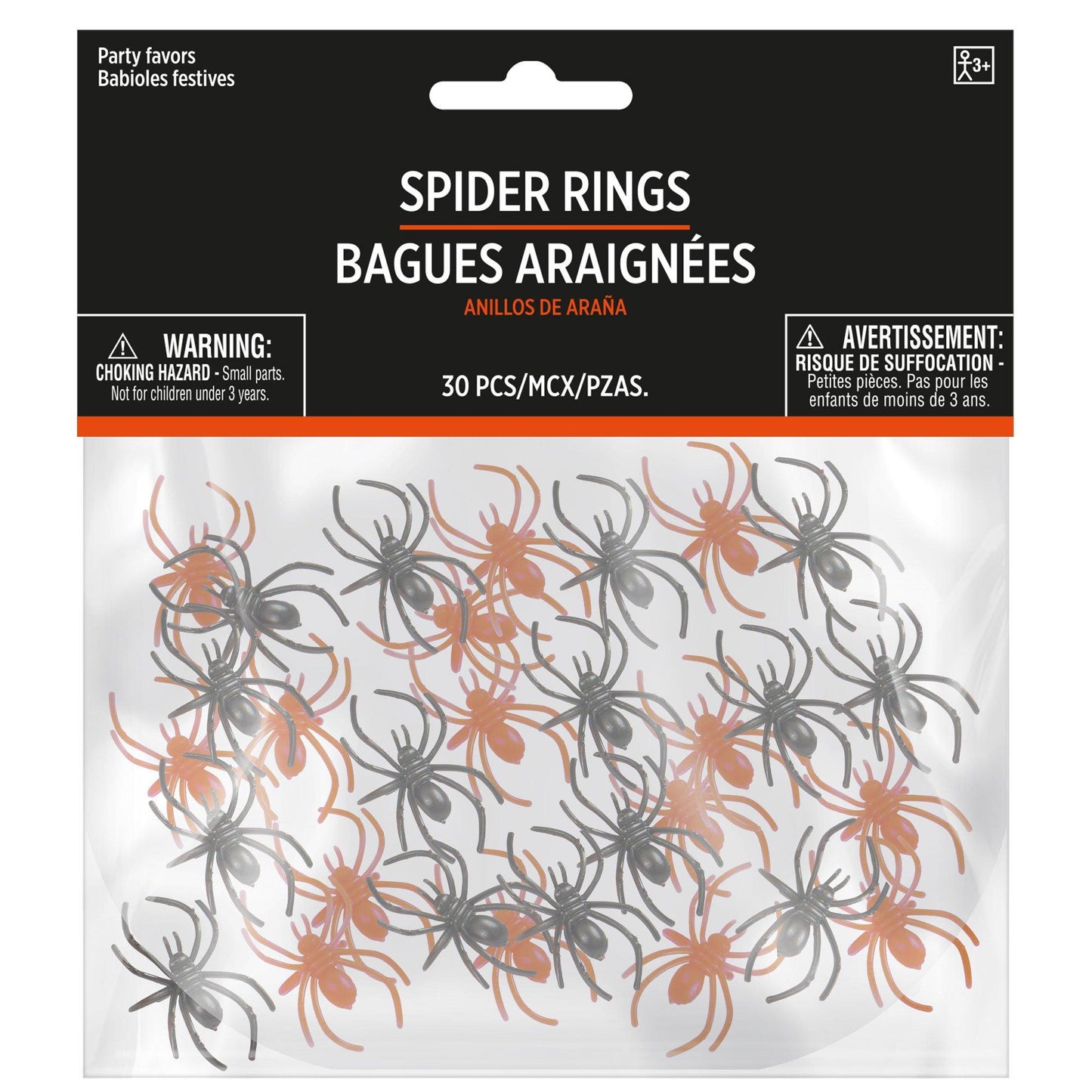 master-Adjustable Black & Orange Plastic Spider Rings, 30ct-177677