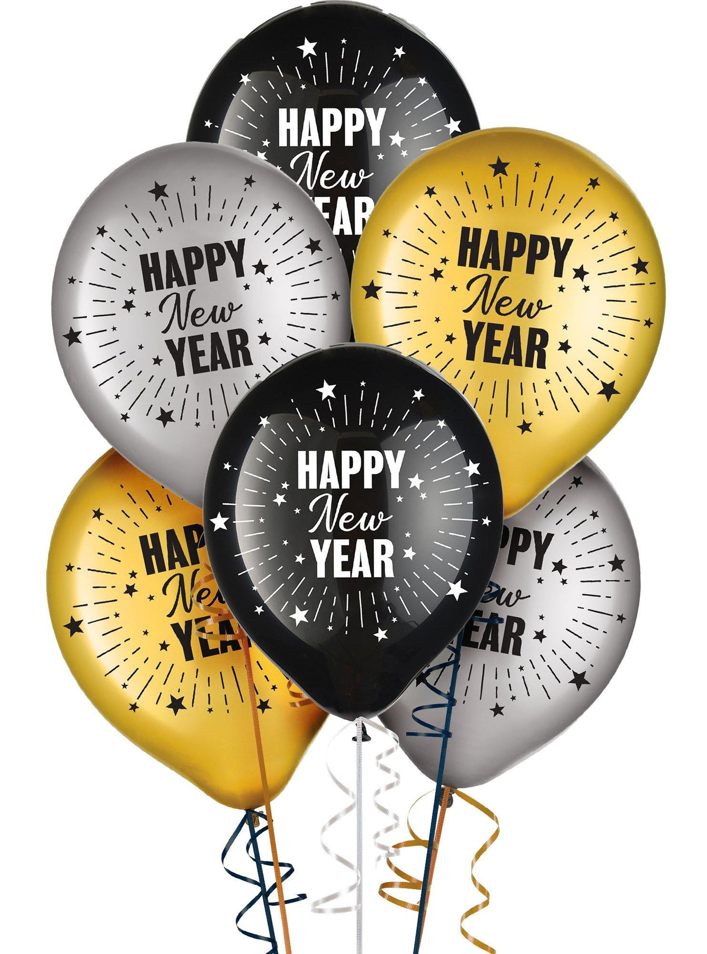 master-15pc, 11in, Black, Silver & Gold Happy New Year Latex Balloons-968951