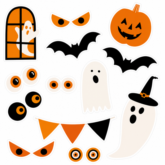 Set of Halloween-themed decorations including ghosts, pumpkins, and bats on a white background.