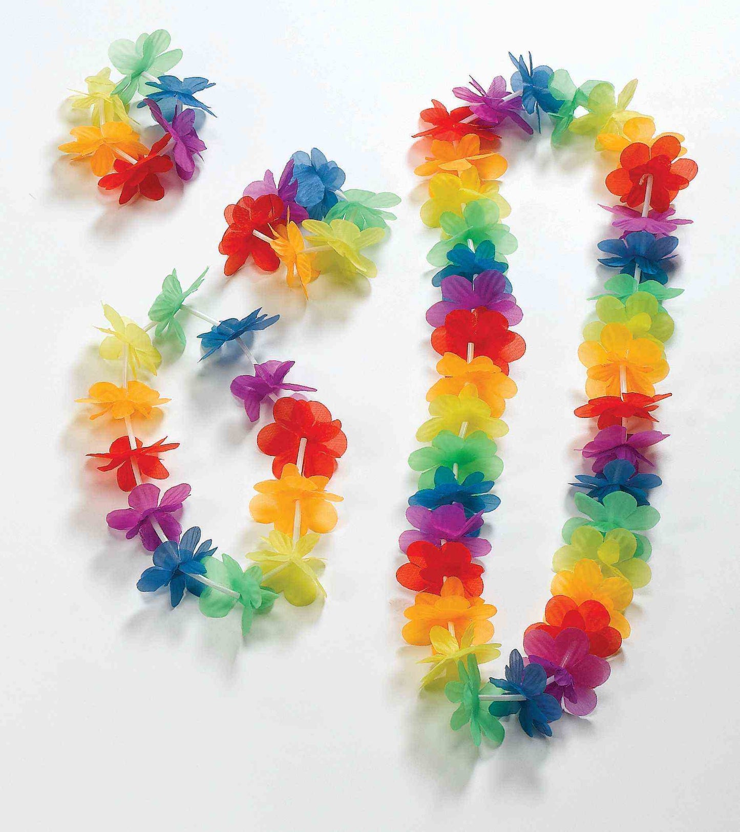 Colorful plastic flower leis on a white background