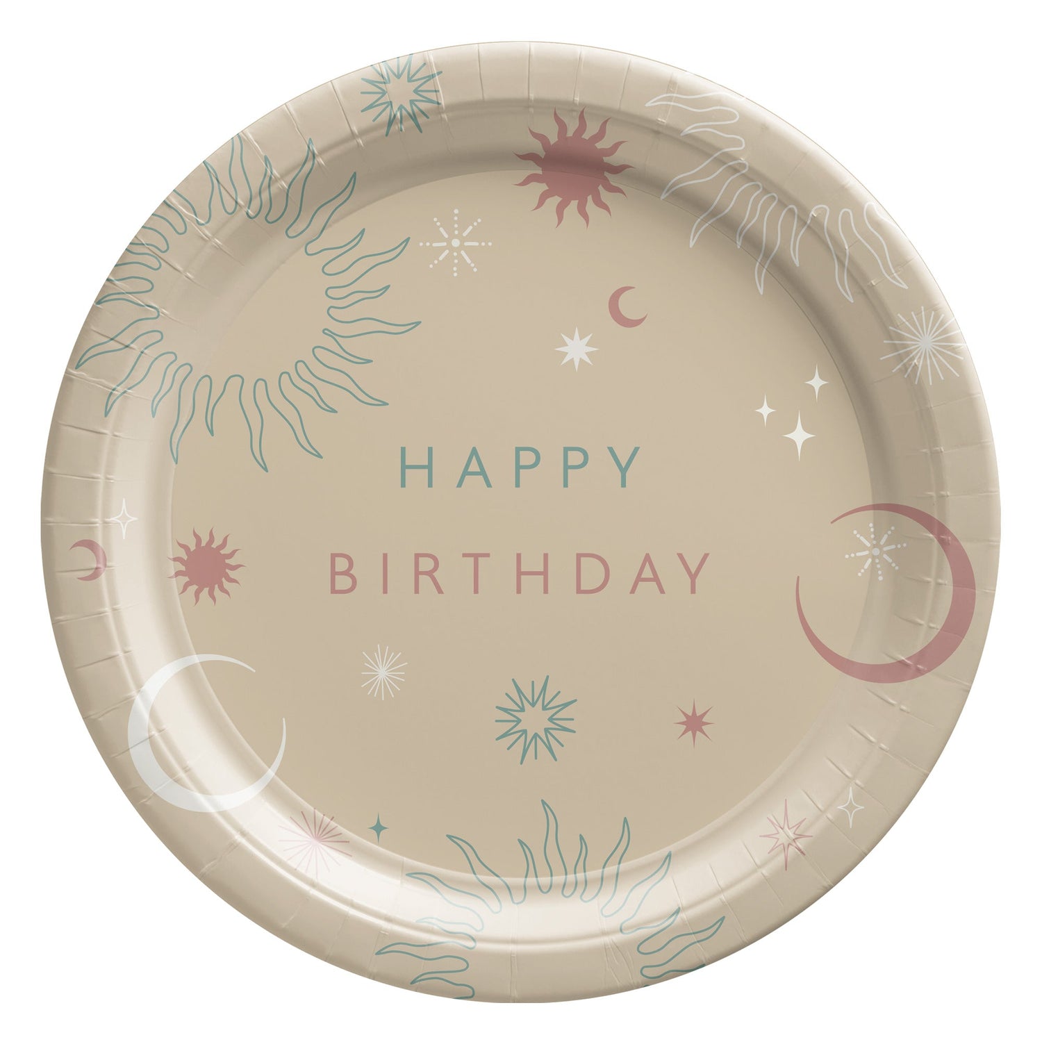 A beige paper plate featuring "HAPPY BIRTHDAY" text surrounded by celestial illustrations of suns, moons, and stars in muted teal and pink tones.