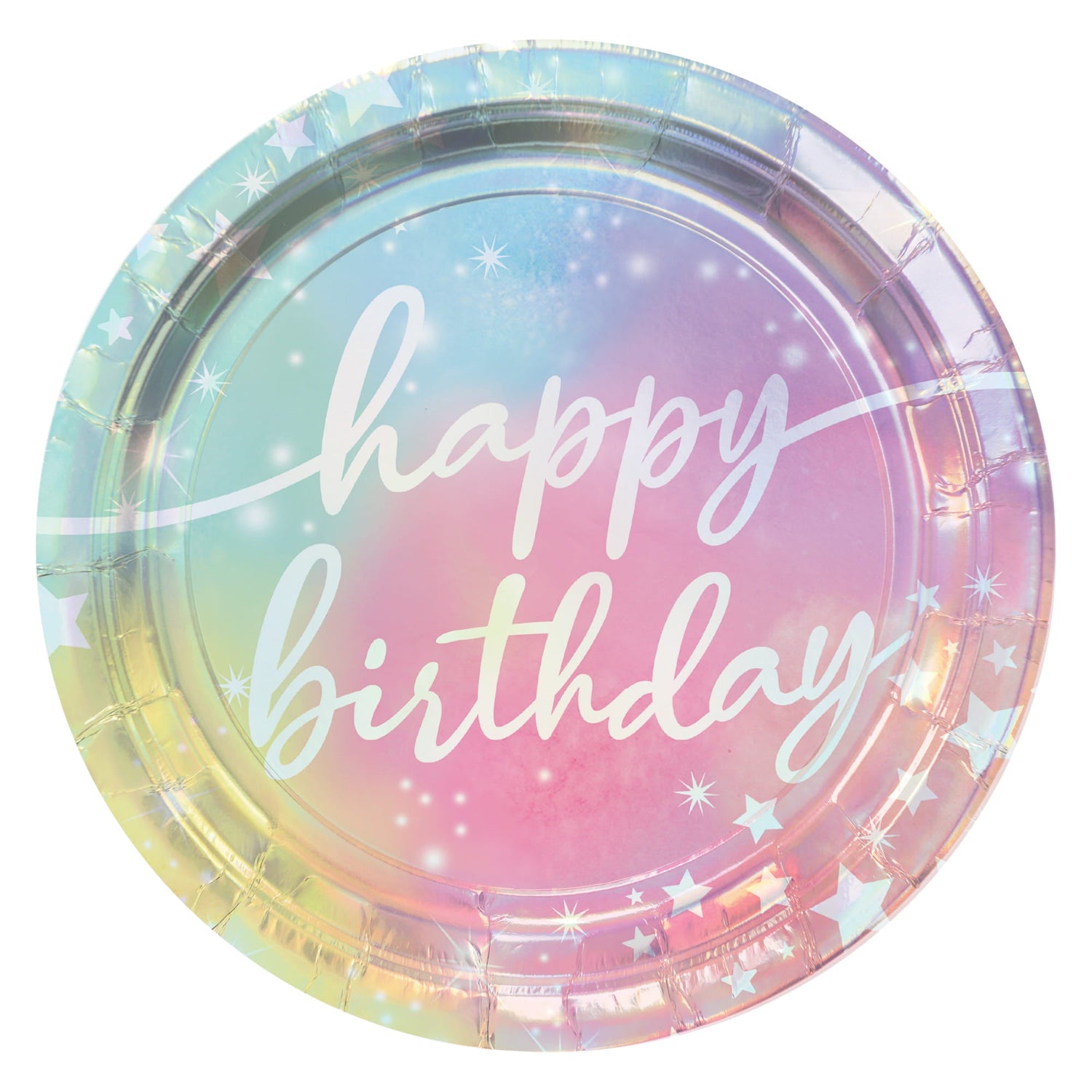 An iridescent paper party plate featuring a pastel gradient and white script that reads "happy birthday" surrounded by stars.