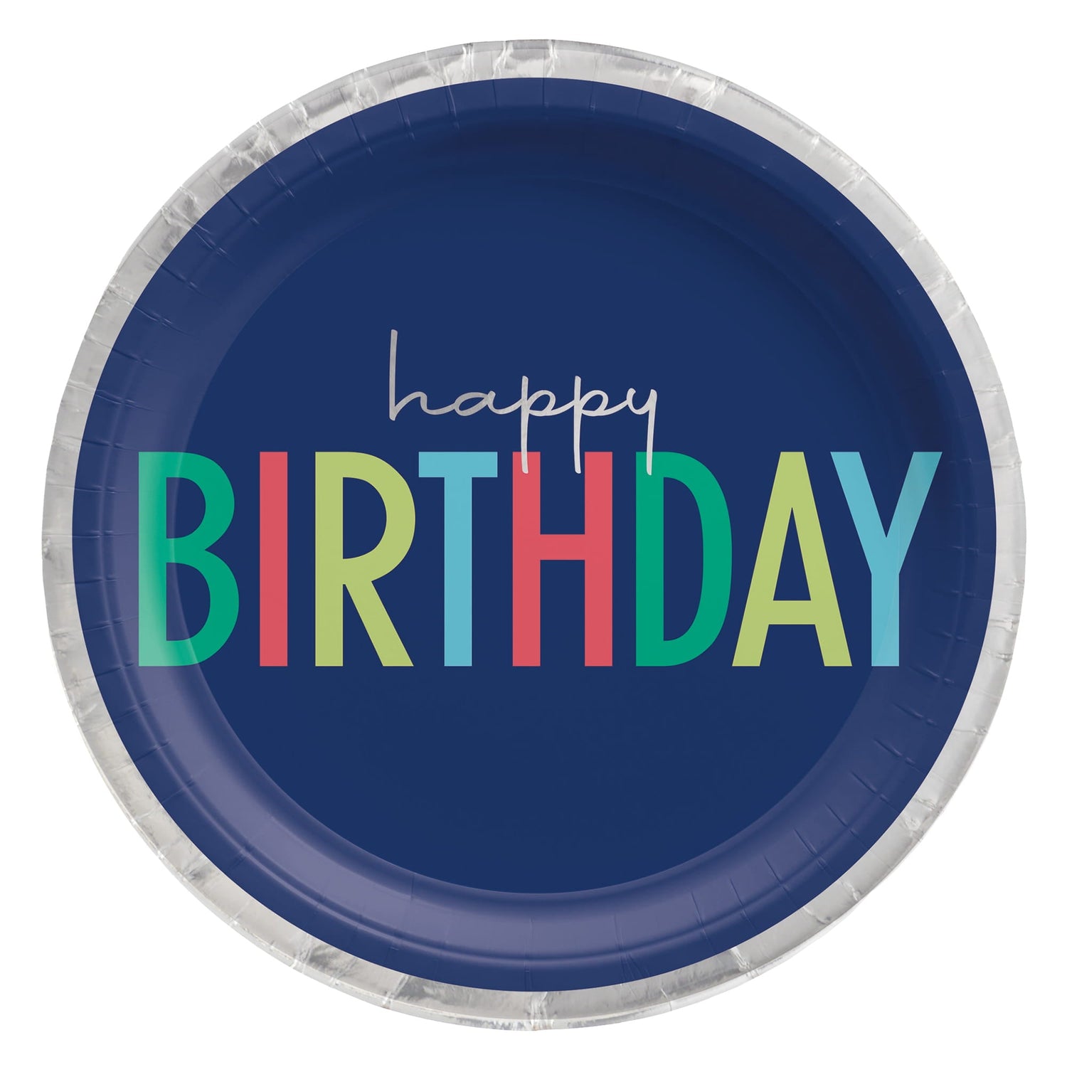 Round navy blue paper plate with silver rim, featuring “happy birthday” text and bold multicolor lettering.