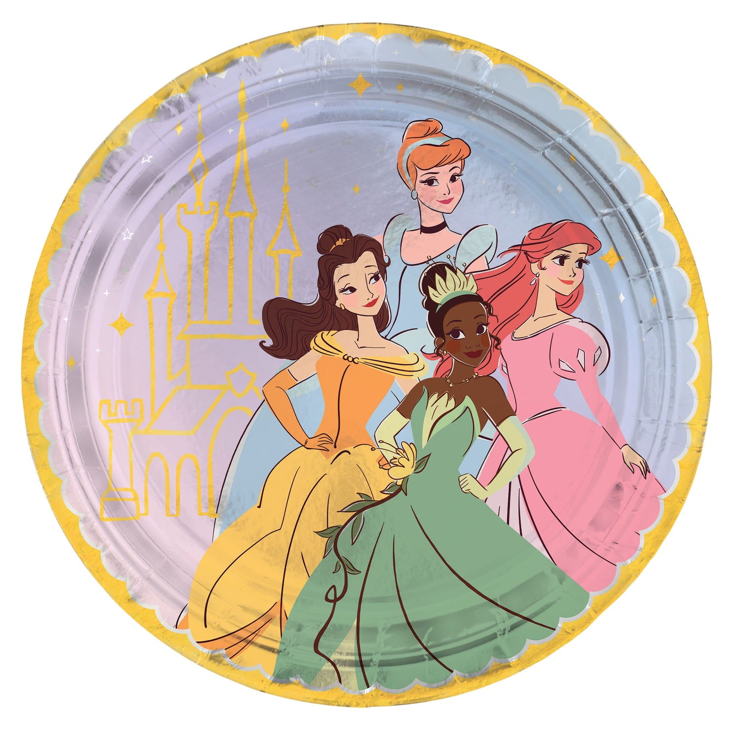 A decorative paper plate featuring stylized illustrations of Disney Princesses Belle, Cinderella, Tiana, and Ariel against a pastel background with a golden castle outline.