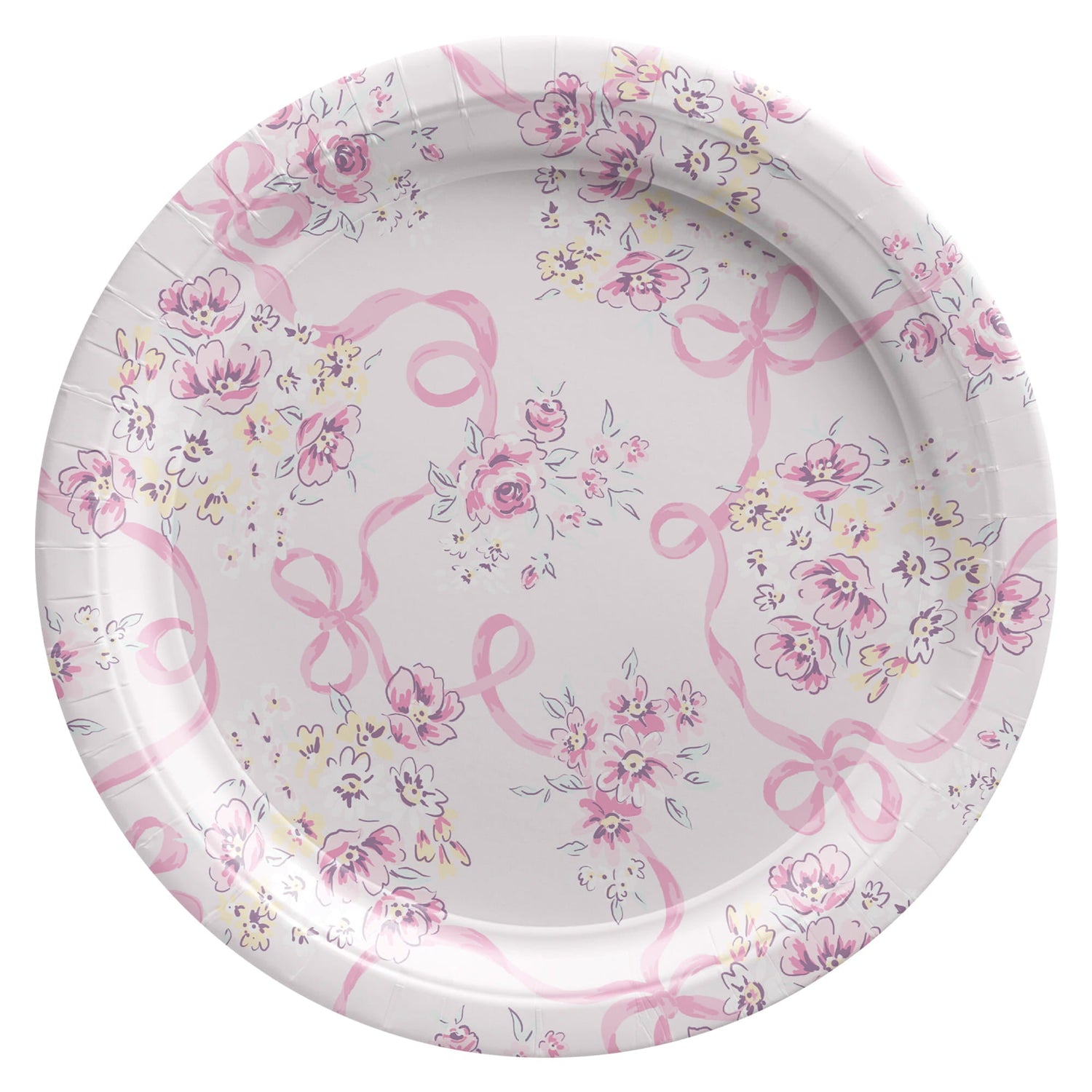 A round paper plate featuring a delicate floral pattern with pink roses, yellow wildflowers, and flowing pink ribbons on a light grey background.
