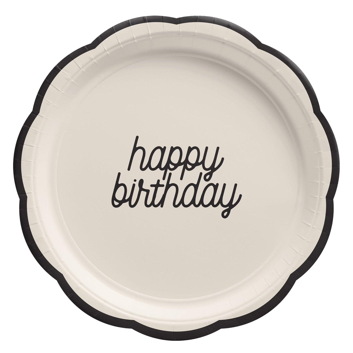 Cream scalloped paper plate featuring a black border and "happy birthday" written in black cursive script in the center.
