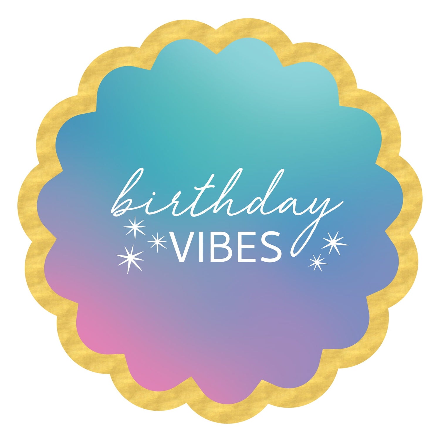 Square paper napkin with an iridescent gradient background, featuring “it’s giving B-DAY” text and gold scalloped edges.