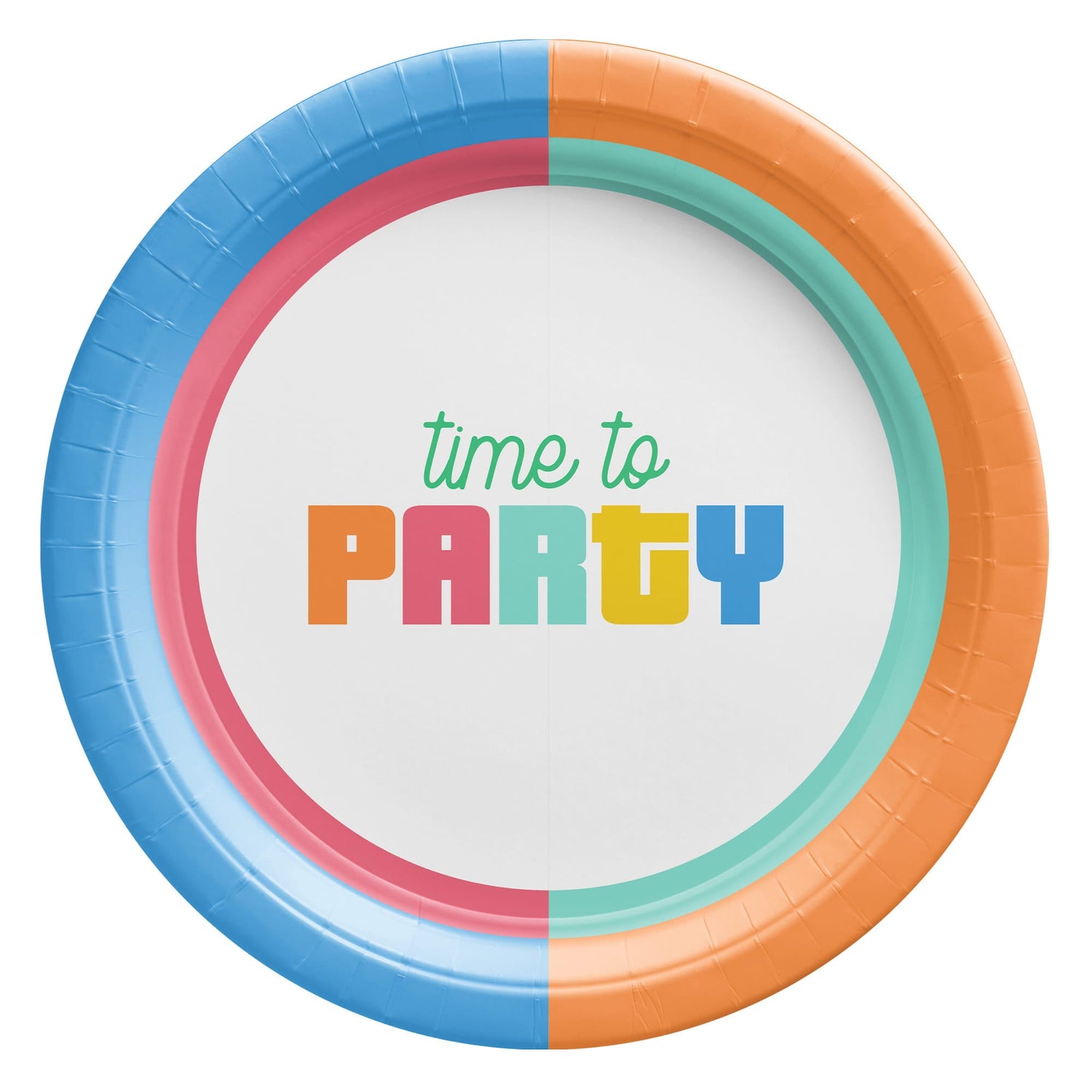 Colorful party supplies collection including striped table cover, multicolor “time to party” paper plates, matching party hats, and a sash with rainbow lettering.
