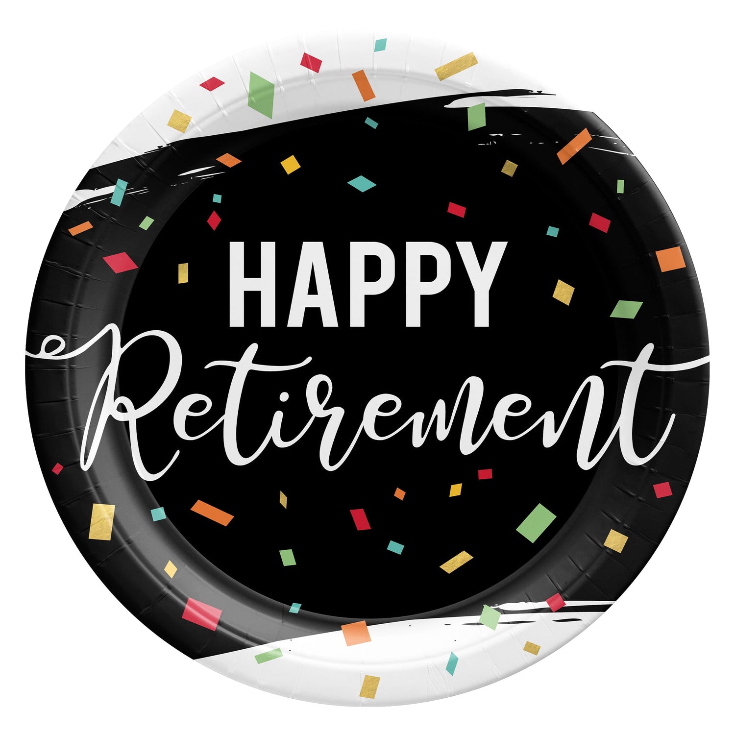 A round paper plate with a black and white brushstroke background featuring colorful confetti and the words "Happy Retirement" in white text.