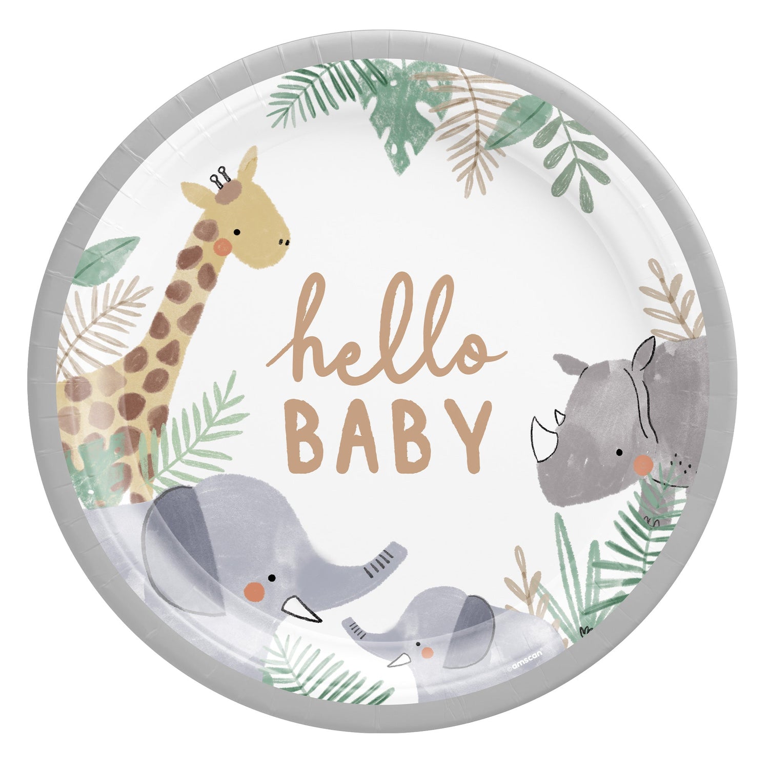  Gemini said A round paper plate features a "hello BABY" message in brown script surrounded by watercolor-style illustrations of a giraffe, rhino, and two elephants with tropical leaves.