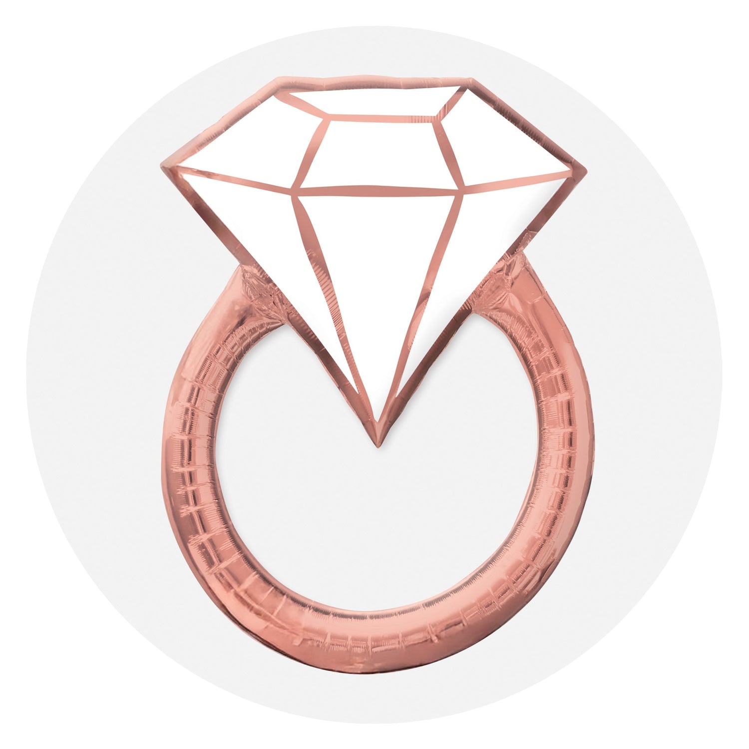A rose gold engagement ring balloon featuring a large diamond graphic on a light gray circular background.