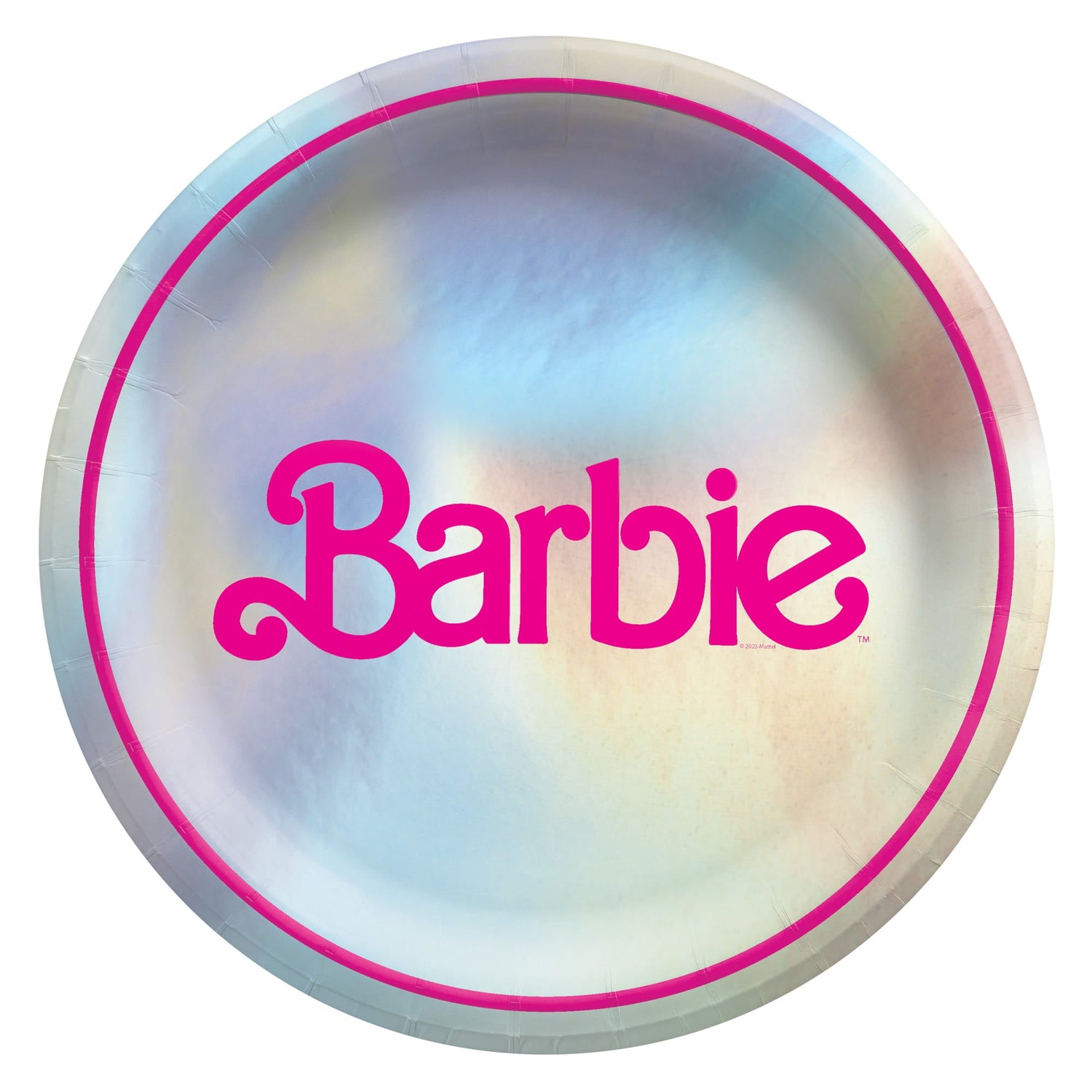 A round paper party plate featuring a vibrant pink Barbie logo in the center, set against a swirling iridescent pastel background and framed by a thin pink circular border.