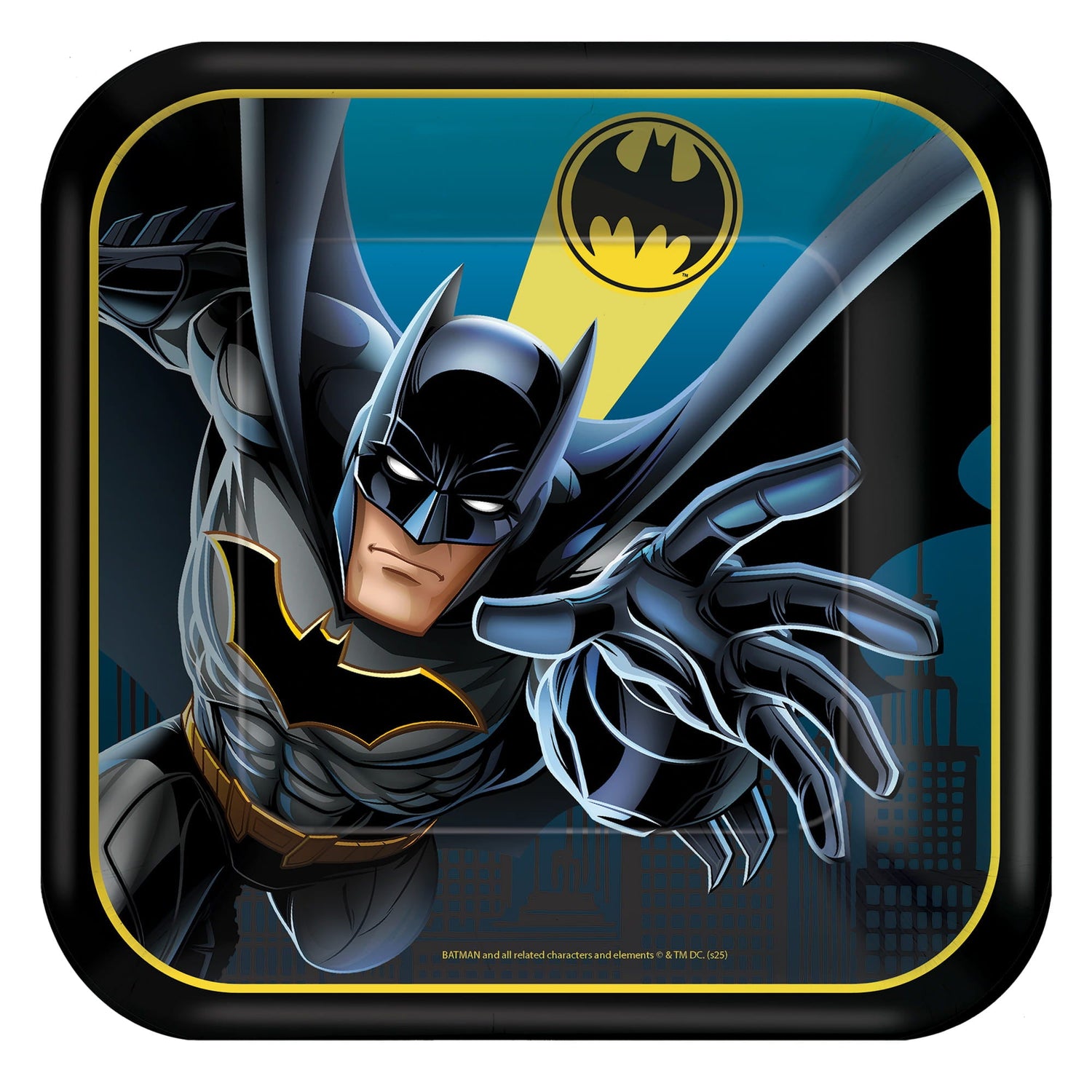 A square, black-bordered party plate featuring a dynamic illustration of Batman reaching forward. The background shows the Gotham City skyline and the glowing Bat-Signal in a dark teal sky.