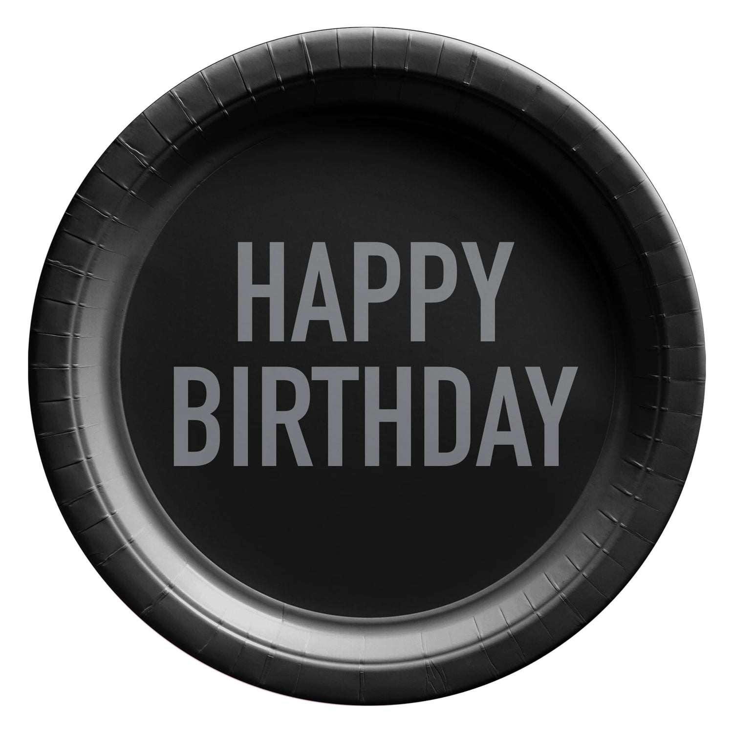 A black paper party plate with "HAPPY BIRTHDAY" printed in gray sans-serif capital letters in the center.