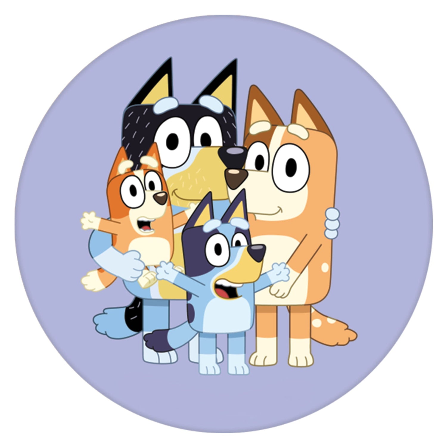 An illustration of the Bluey family—Bluey, Bingo, Bandit, and Chilli—hugging against a light purple circular background.