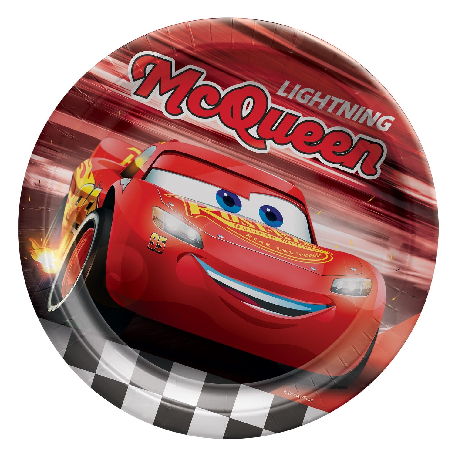 A round plate featuring Lightning McQueen from Disney Pixar's Cars racing across a red background with a checkered flag border.