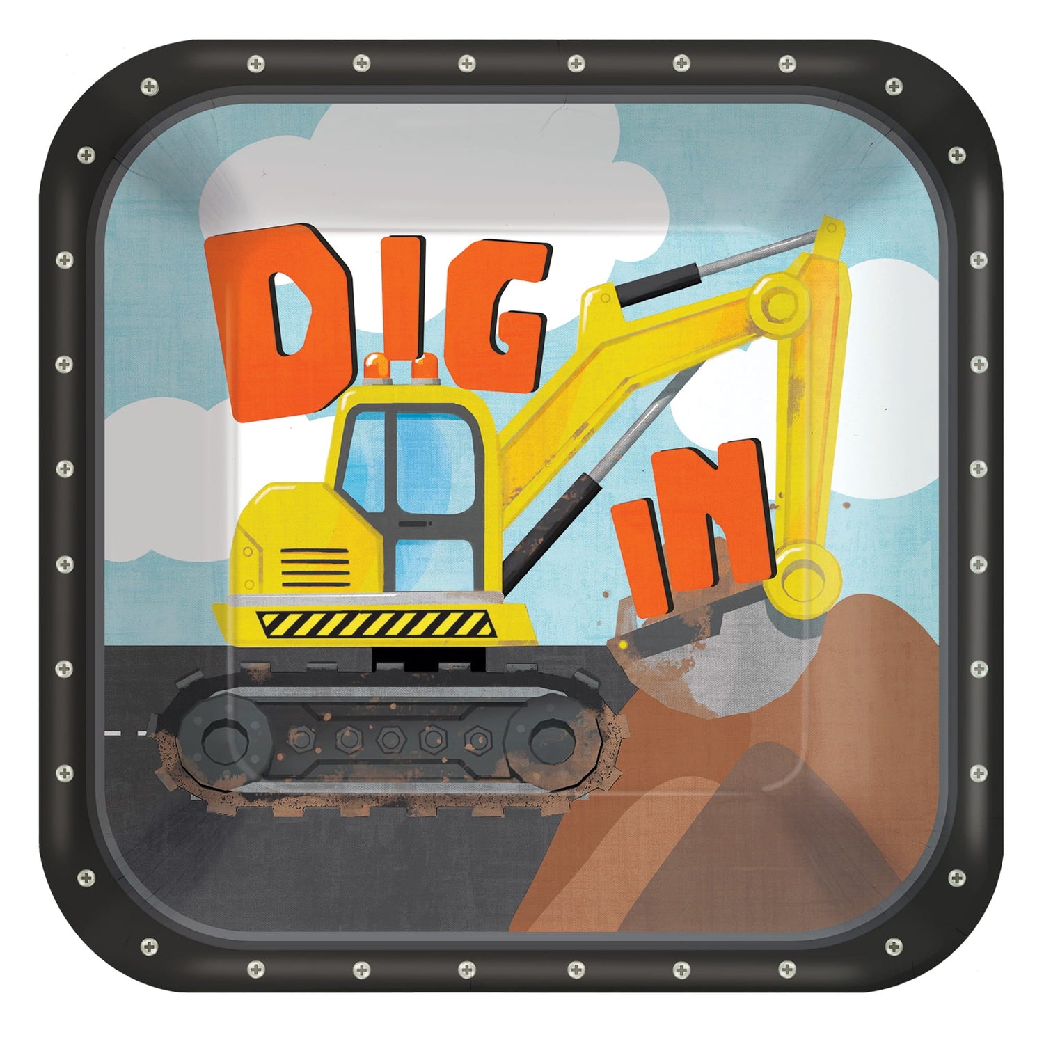 Yellow excavator digging dirt with bold “DIG IN” text against a blue sky background.