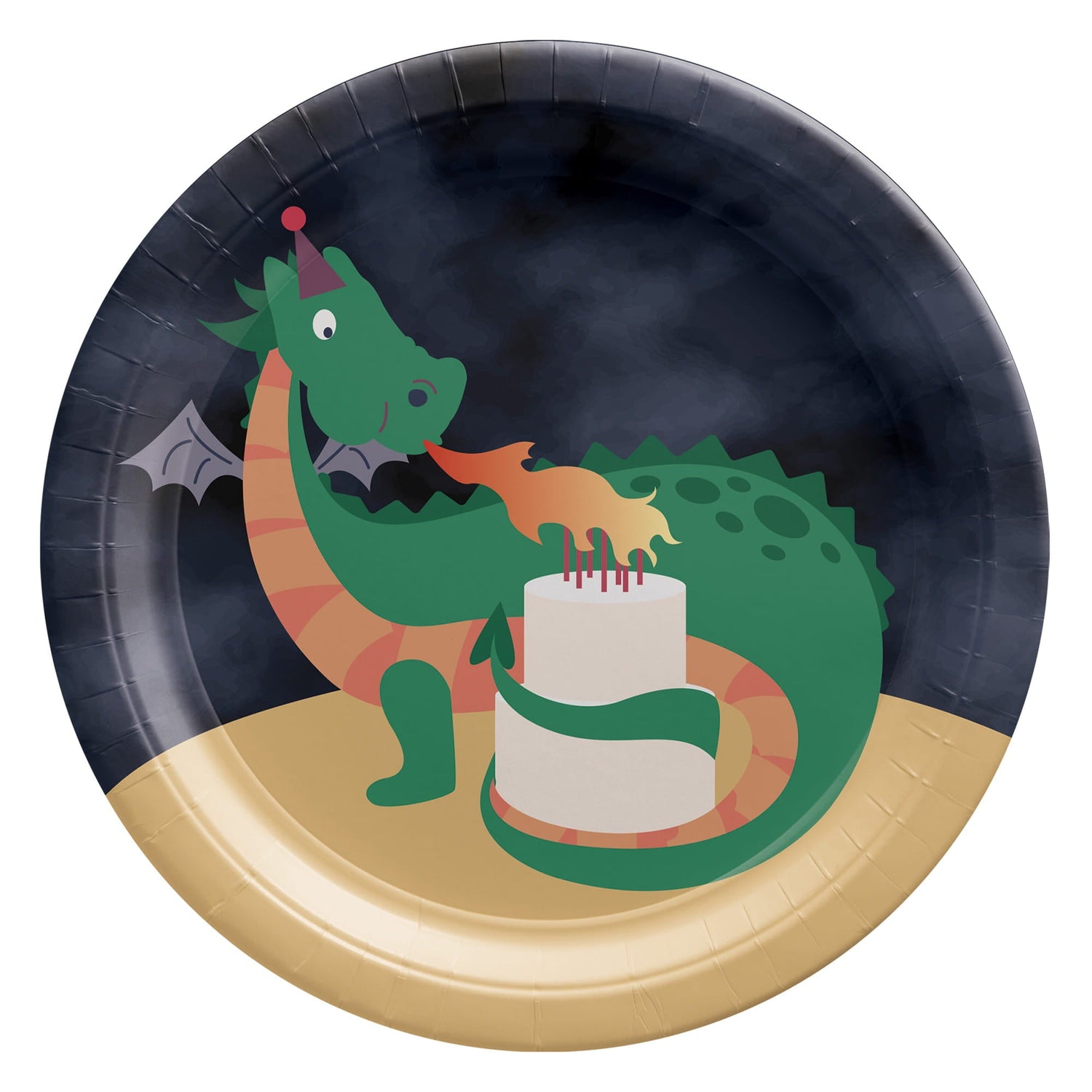 A circular paper party plate featuring a cartoon green dragon wearing a small purple party hat, breathing a plume of orange fire to light the candles on a two-tier white cake.