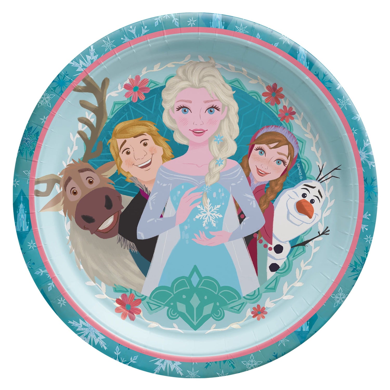 A round Disney Frozen‑themed party plate featuring stylized illustrations of characters from the franchise, including a reindeer, two human characters, and a snowman, surrounded by an icy blue decorative border.