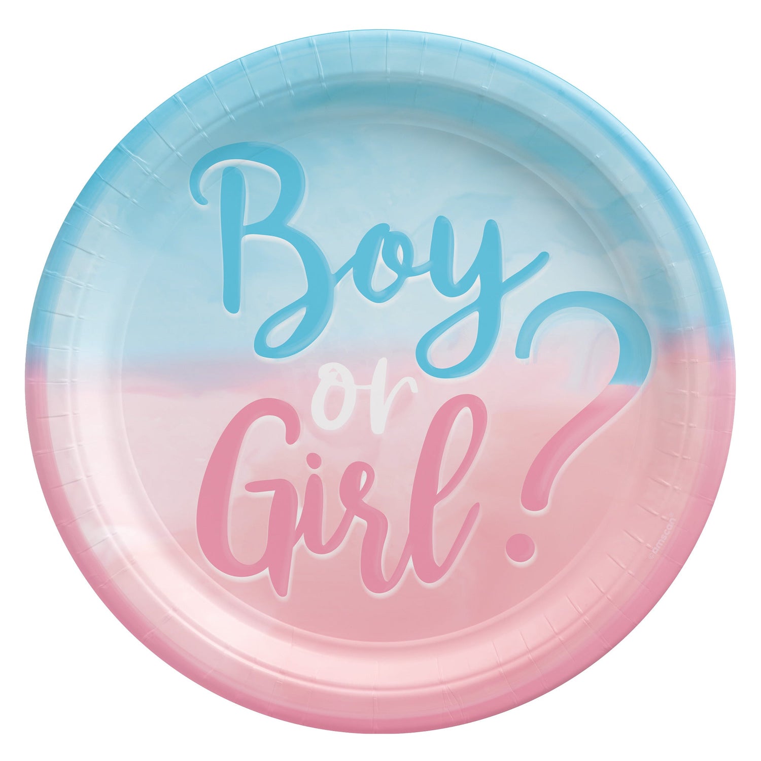 A round paper plate featuring a blue and pink watercolor background with the text "Boy or Girl?" in stylized script.