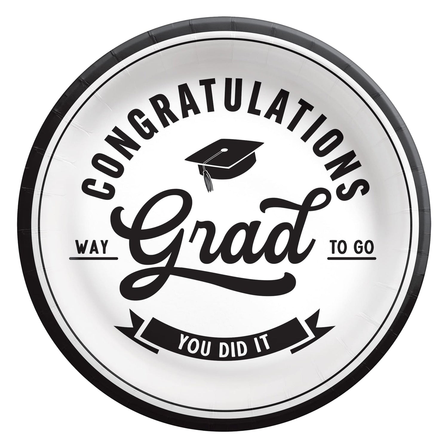 A white and black decorative paper plate featuring a graduation cap and the text "Congratulations Grad, Way To Go, You Did It."