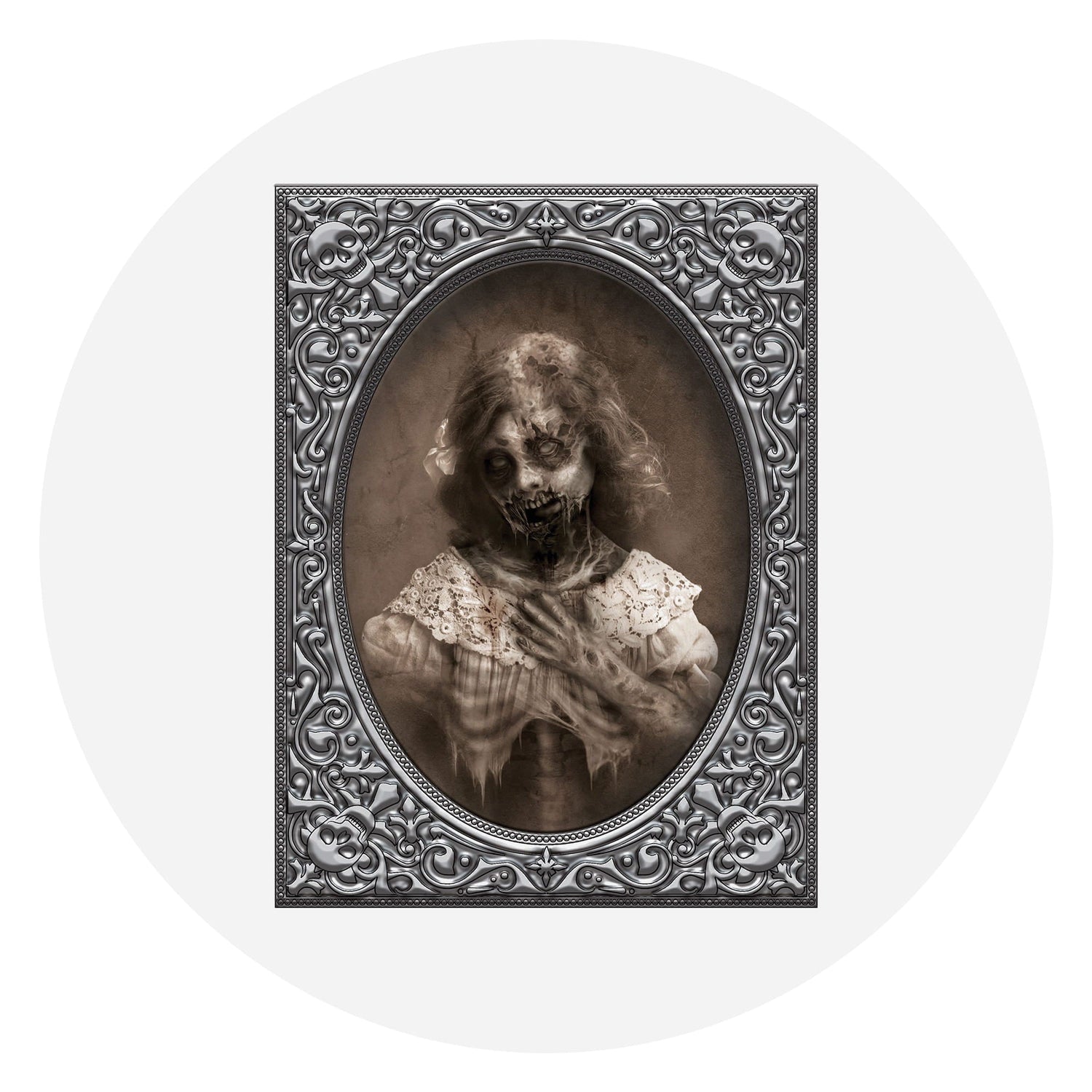 A sepia-toned, macabre portrait of a zombie girl in a tattered lace dress, framed by an ornate silver border featuring skulls and scrolls.