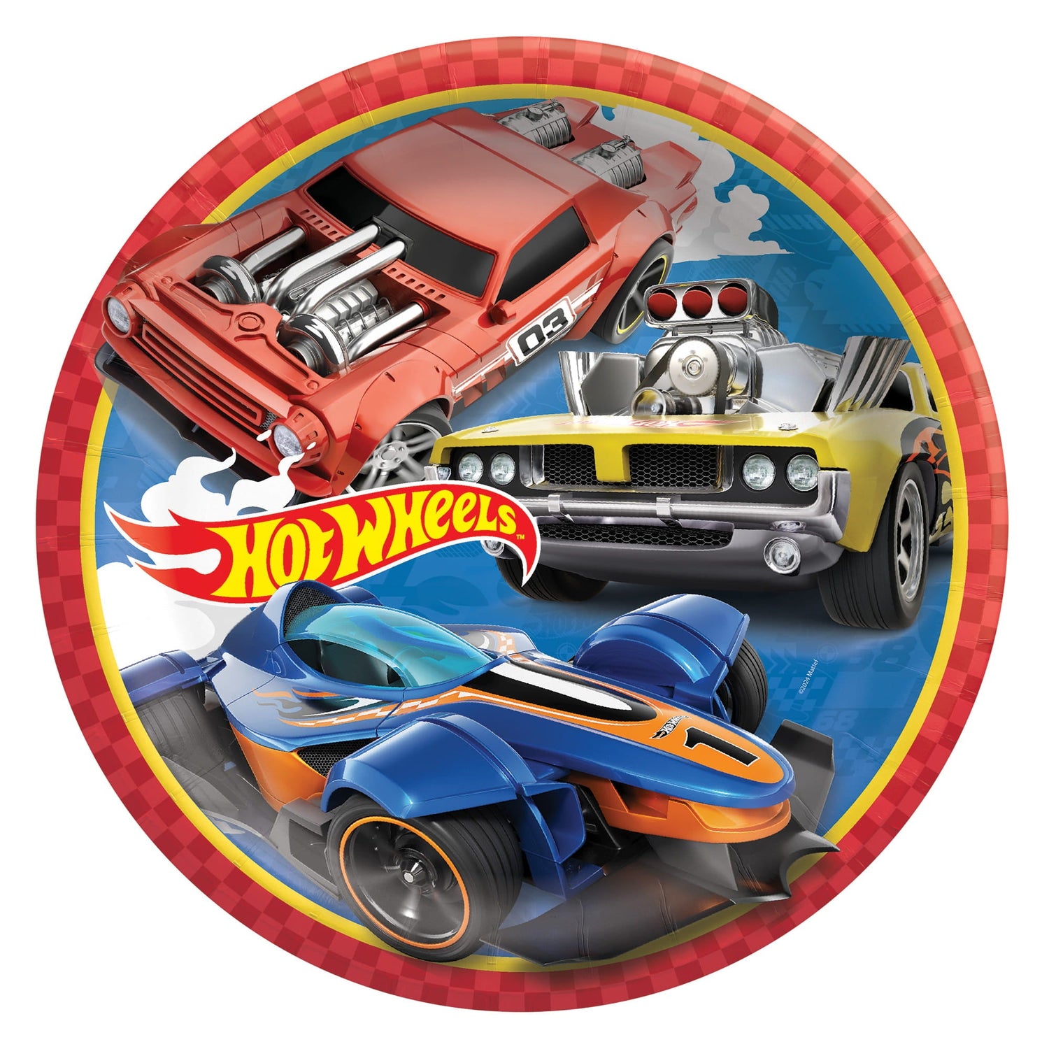 A circular Hot Wheels-themed graphic featuring three stylized toy race cars—red, yellow, and blue—over a blue background with a red checkered border and the Hot Wheels logo in the center.