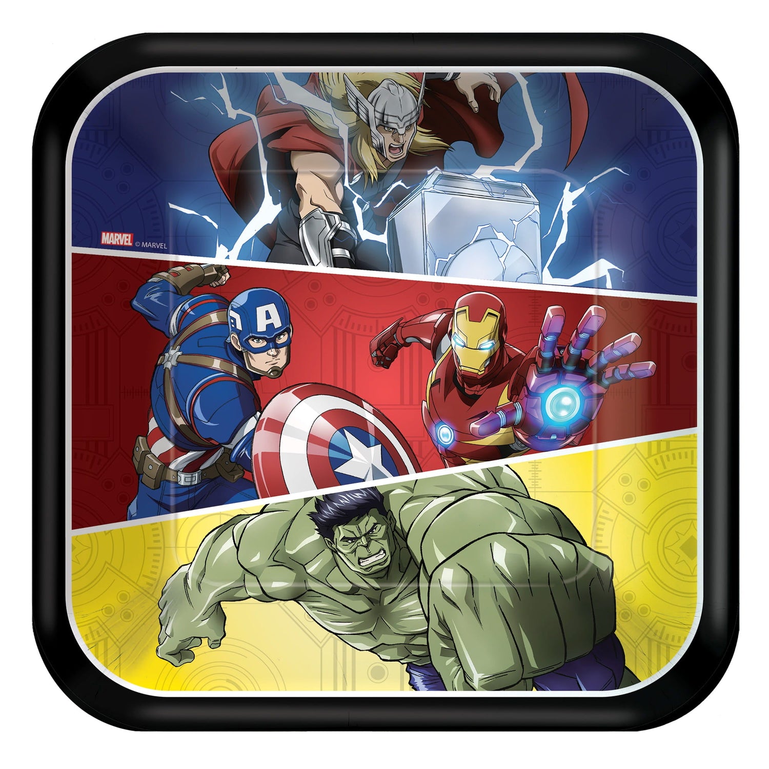 A square Marvel Avengers graphic divided into three diagonal sections featuring Thor, Captain America, Iron Man, and the Hulk in a dynamic, comic-book art style.