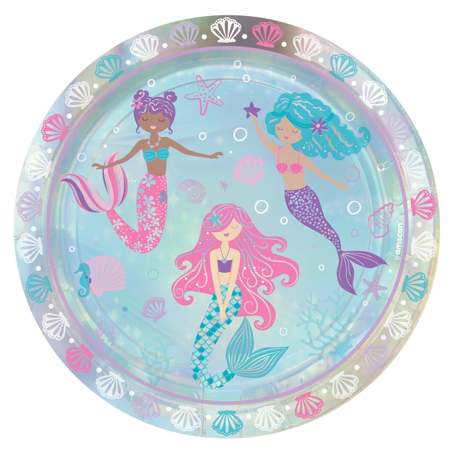 A decorative paper plate featuring three illustrated mermaids with pink, purple, and blue hair swimming in a light blue ocean filled with shells, starfish, and bubbles.