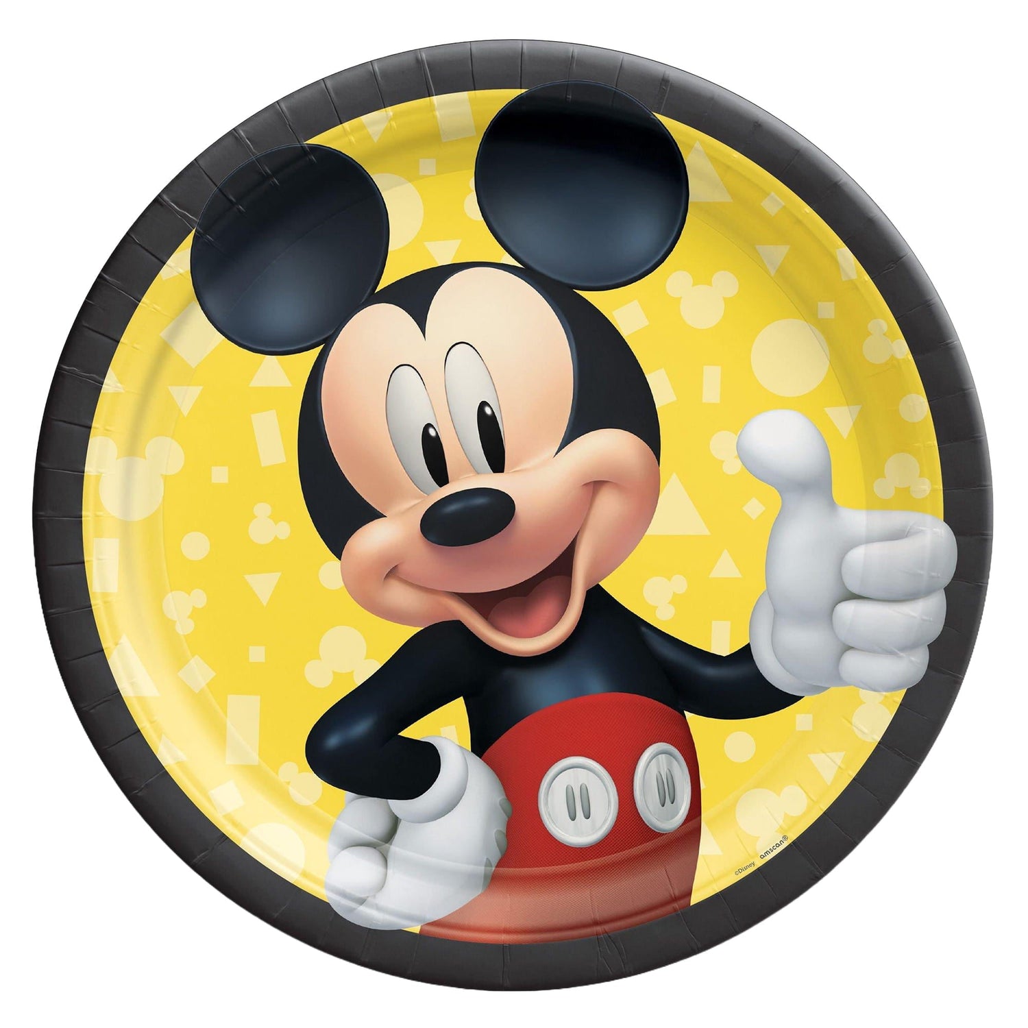 A Mickey Mouse themed party plate with a yellow background and a black rim.