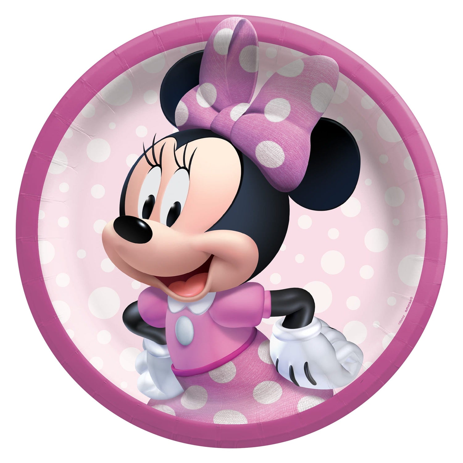 A pink paper party plate featuring a 3D-style illustration of Minnie Mouse wearing a pink polka-dot dress and matching bow.