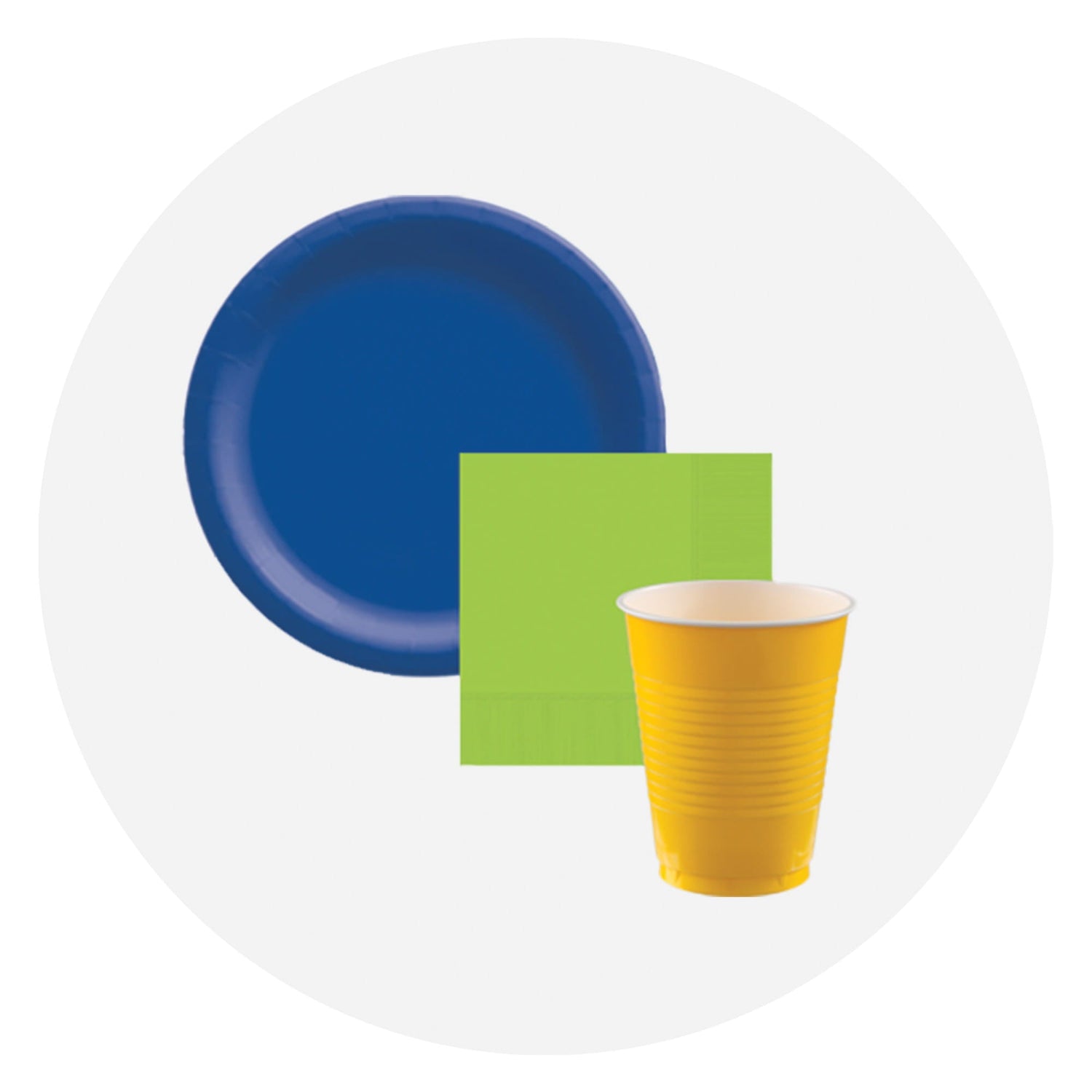 A blue round paper plate, a lime‑green napkin, and a yellow plastic cup arranged together.