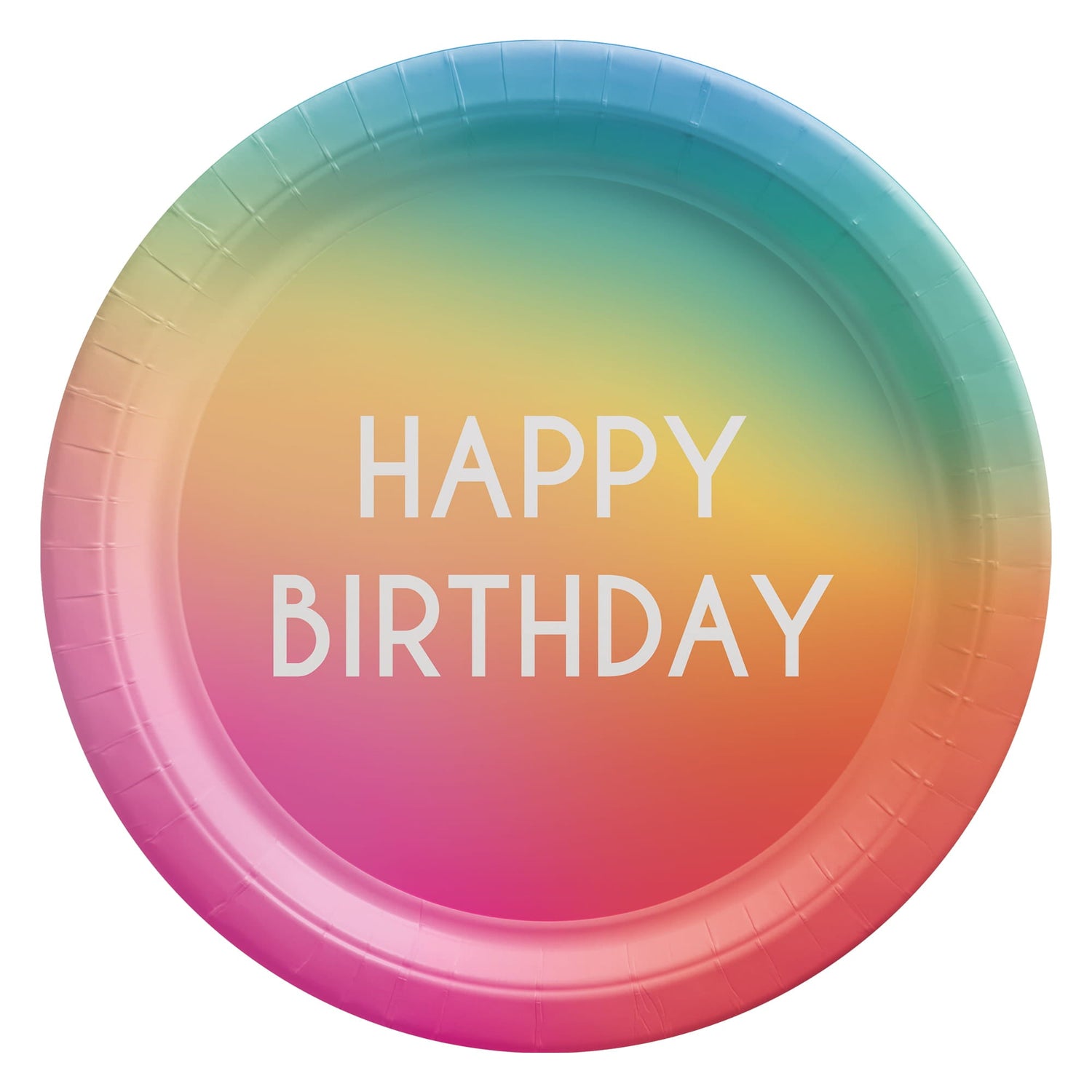 A round paper plate features a multi-colored rainbow ombre background with the words "HAPPY BIRTHDAY" printed in white sans-serif text in the center.