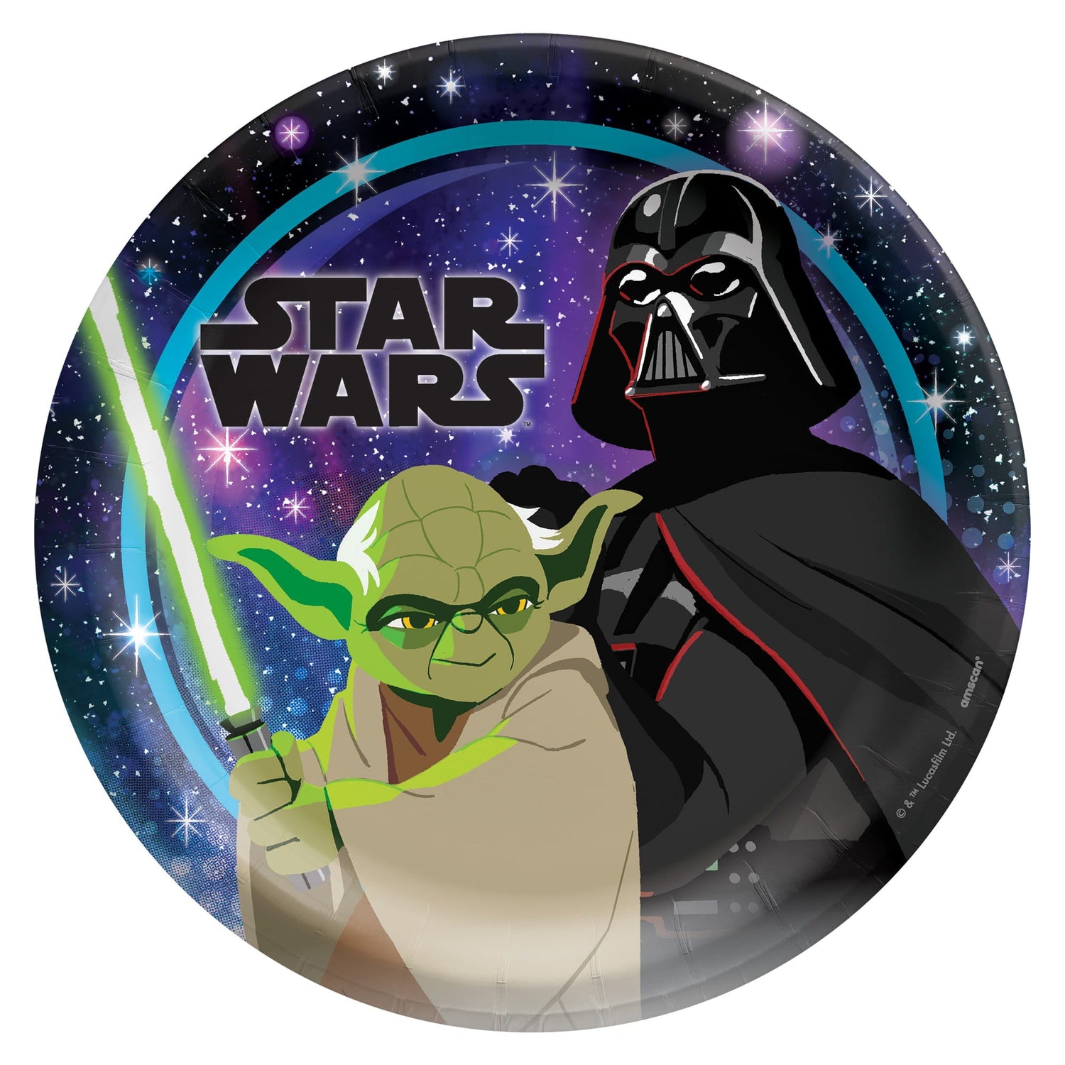 Yoda holding a green lightsaber and Darth Vader on a galaxy background with the Star Wars Logo in black
