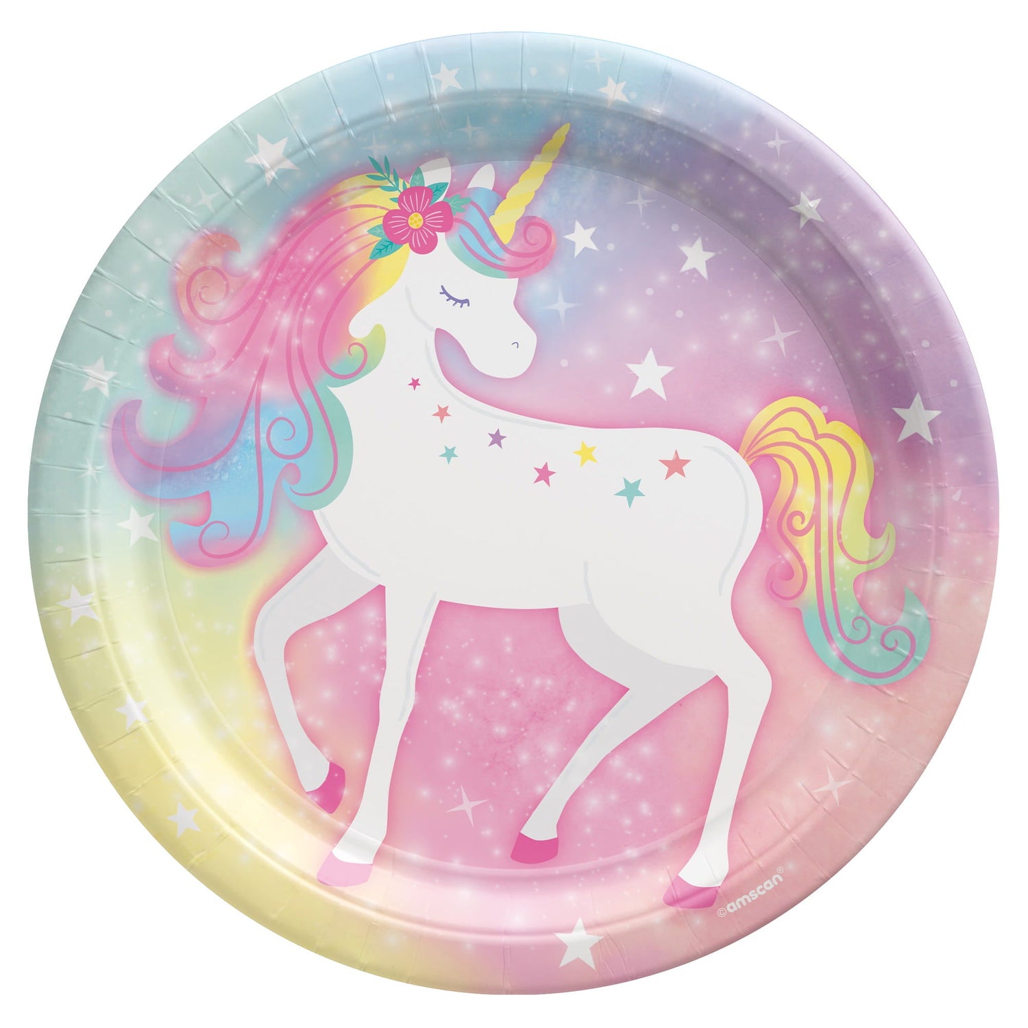 A colorful round paper plate featuring a white unicorn with a rainbow mane and tail against a pastel pink and purple starry background.