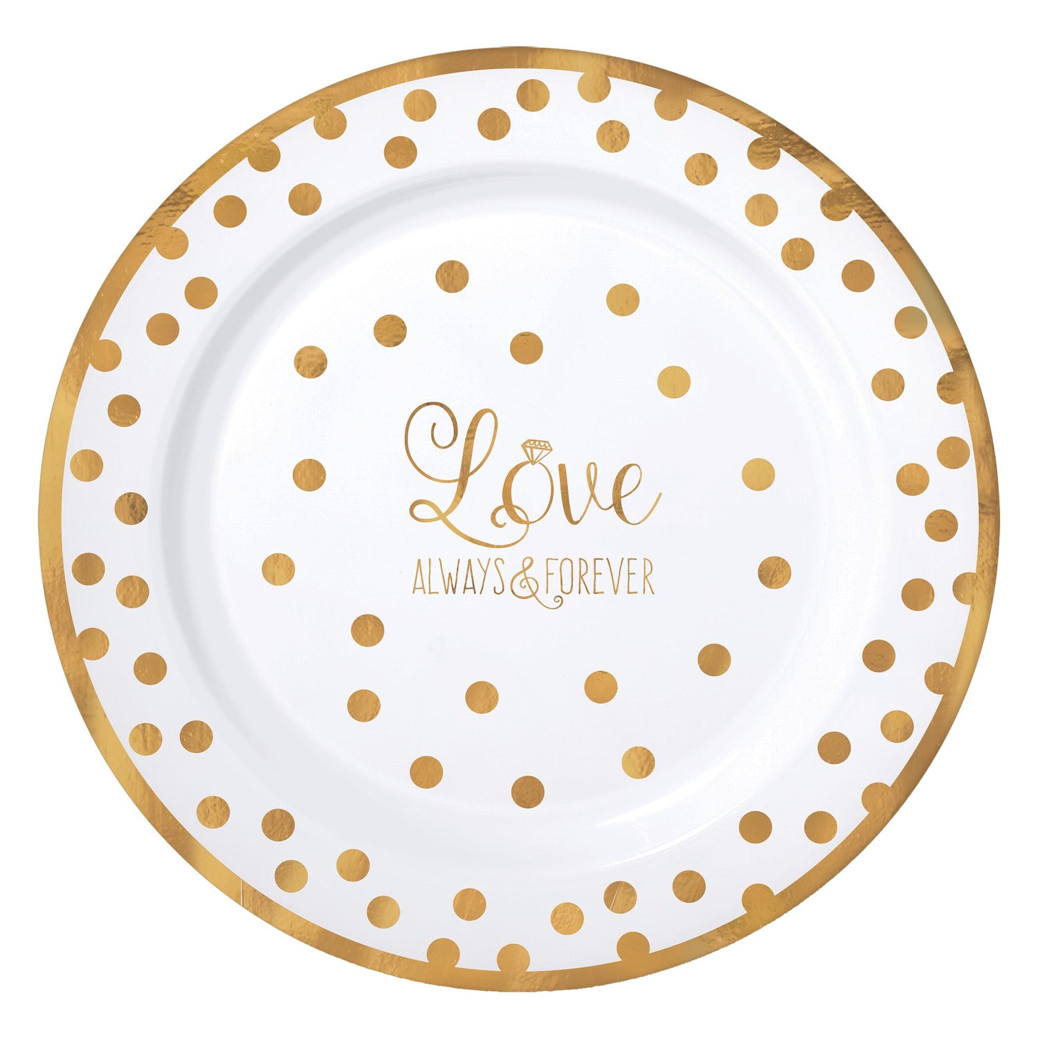 A white paper plate with a gold foil rim, scattered gold polka dots, and the text "Love ALWAYS & FOREVER" in gold script.