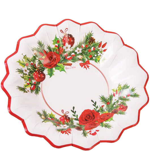 Christmas Floral 9" Shaped Paper Bowls, 8ct – Red Roses, Holly & Ornaments
