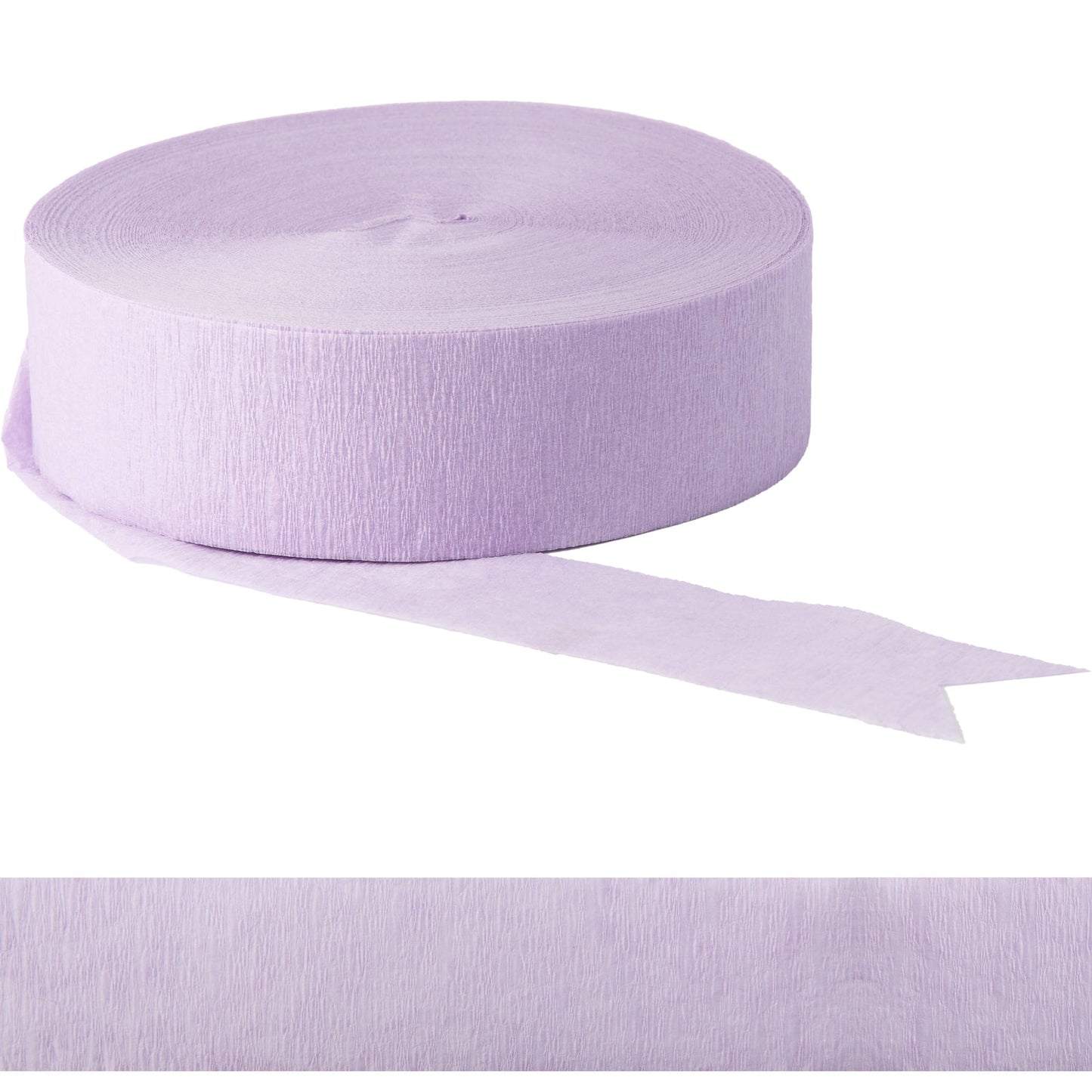 Roll of light purple ribbon with a strip laid out below on a white background
