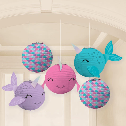 Mini Shimmering Mermaids Narwhal Paper Lanterns, 5in, 5ct