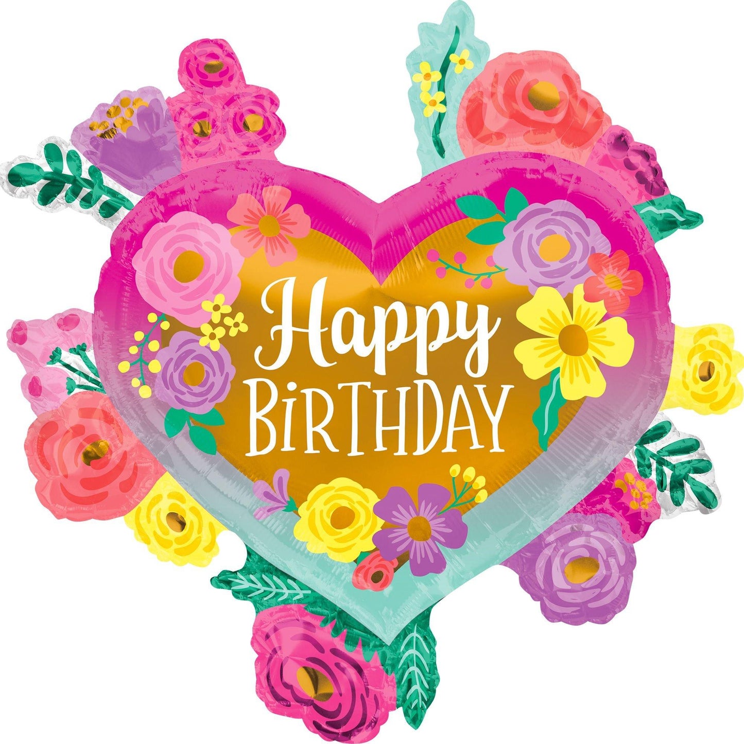 master-Painted Flowers Happy Birthday Heart Foil Balloon, 27in-919602