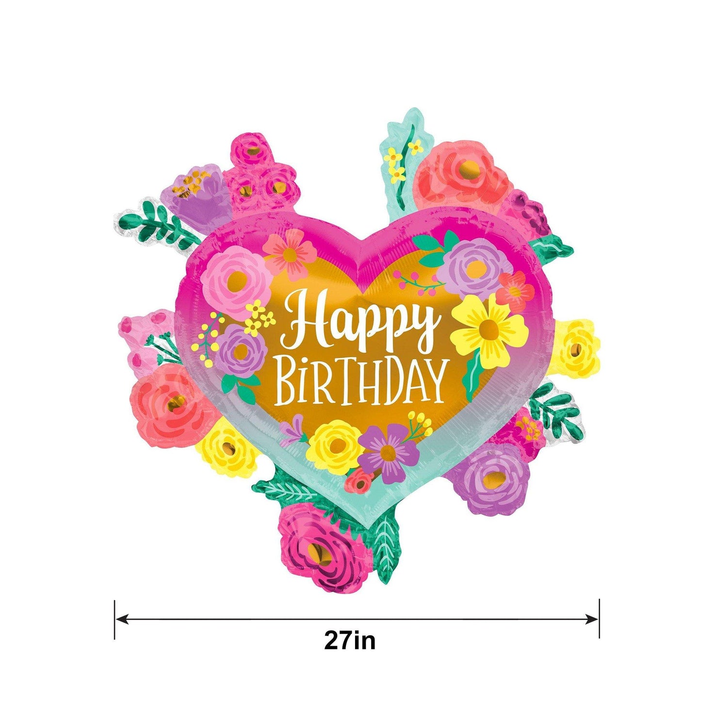 master-Painted Flowers Happy Birthday Heart Foil Balloon, 27in-919602