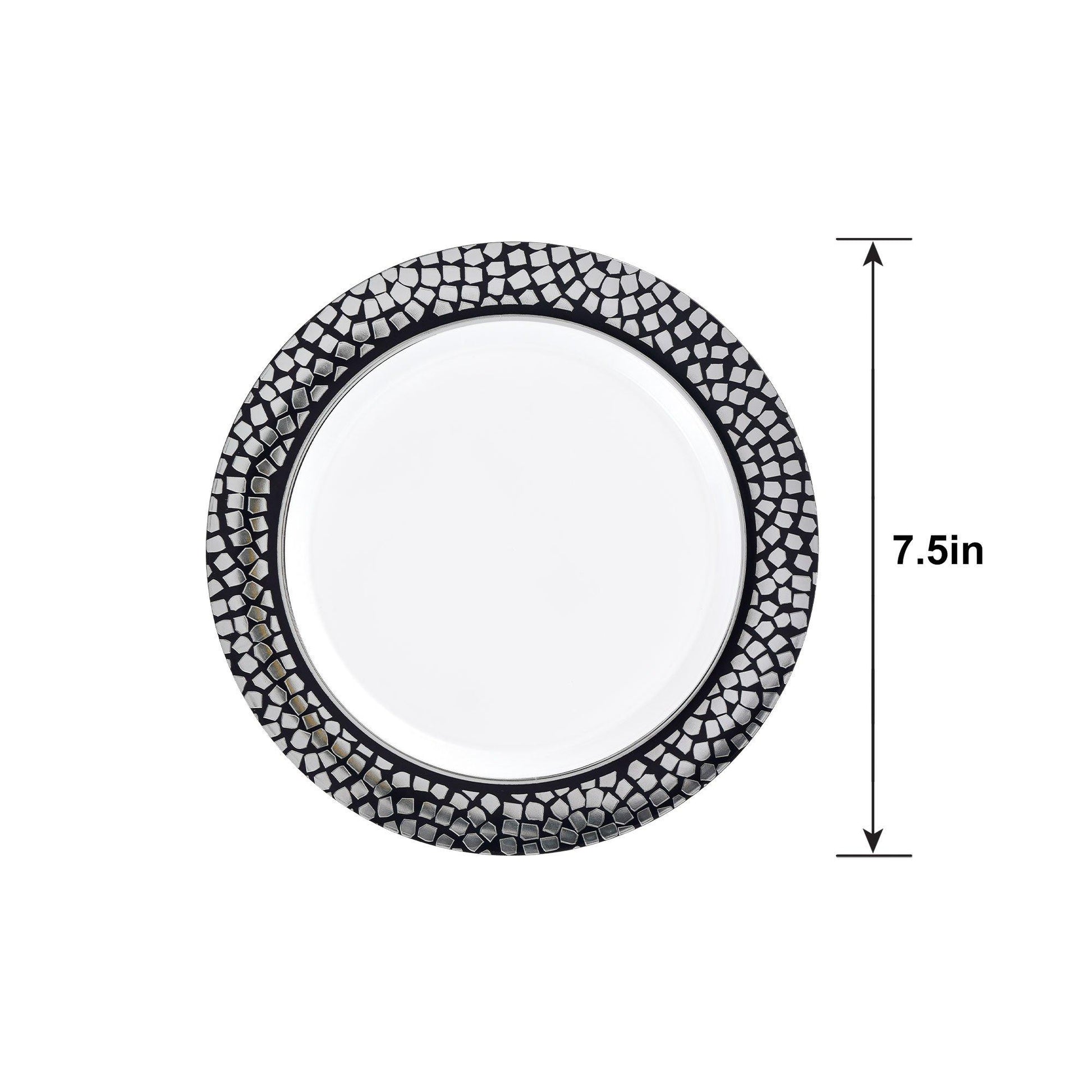 White With Silver Mosaic Rim Premium Plastic Dessert Plates, 7.5in, 20ct