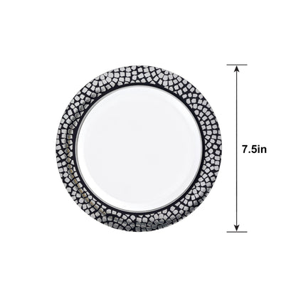 White With Silver Mosaic Rim Premium Plastic Dessert Plates, 7.5in, 20ct