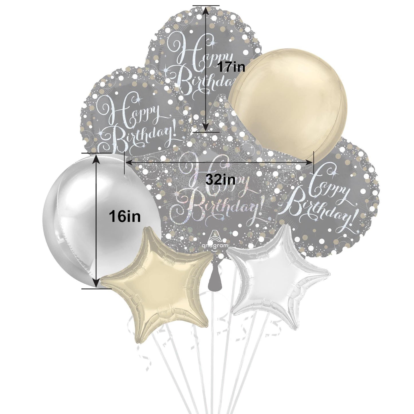 master-Premium Sparkling Celebration Birthday Foil Balloon Bouquet, 8pc-951473
