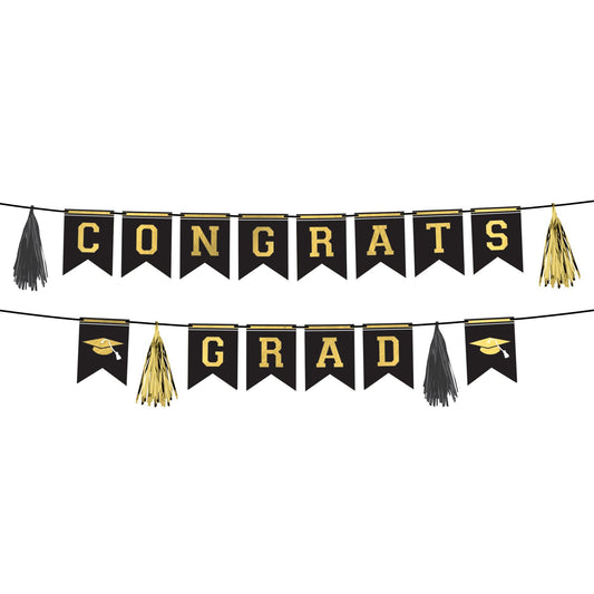 Black & Gold Congrats Graduate Cardstock Banner Set, 10ft, 2pc