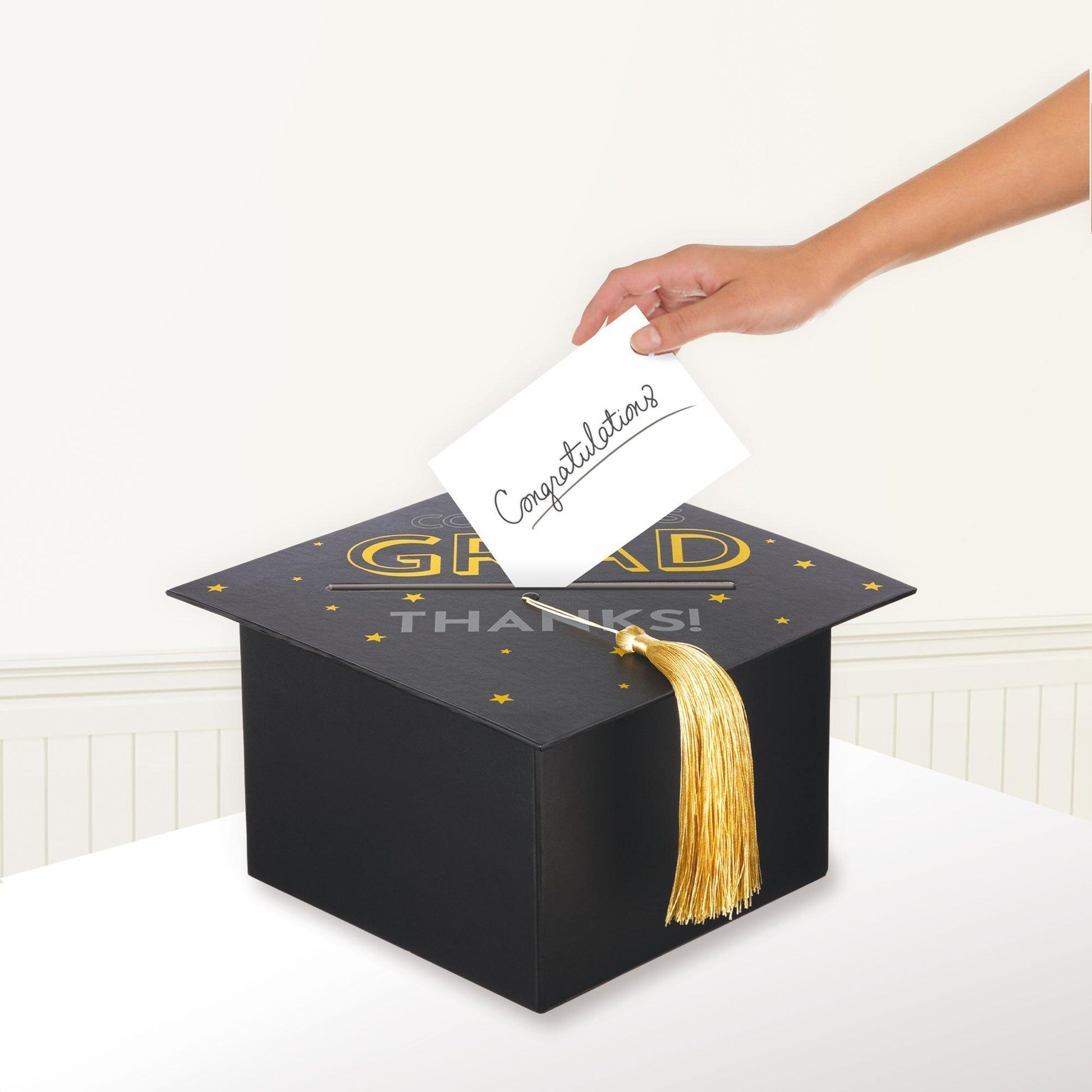 Black, Silver, & Gold Grad Cap Card Box, 8in x 5.83in
