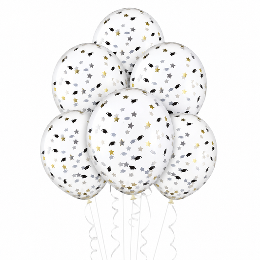 6ct, 12in, Black & Gold Graduation Cap & Star Confetti Balloons