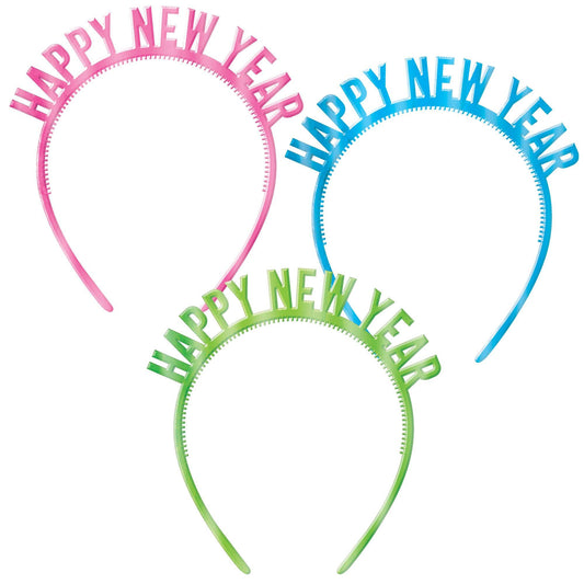 Multicolor Happy New Year Plastic Headbands, 6ct
