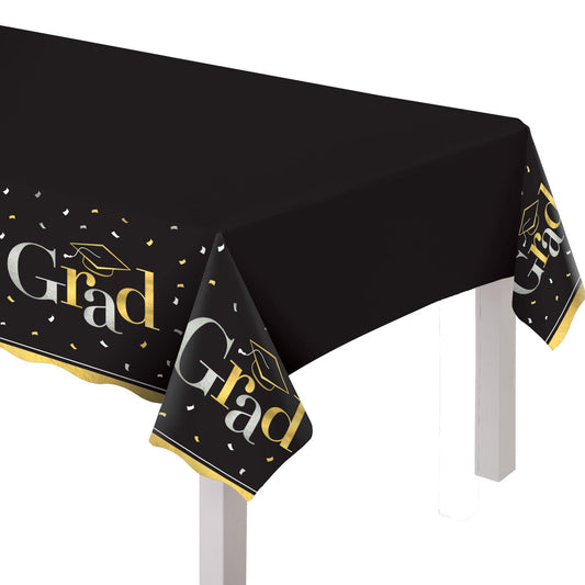 Black, Silver & Gold Grad Plastic Table Cover, 54in x 102in - Class Dismissed