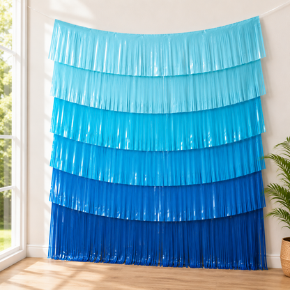 Blue Plastic Fringe Banner Backdrop, 5ft x 7.3ft - Pool Party
